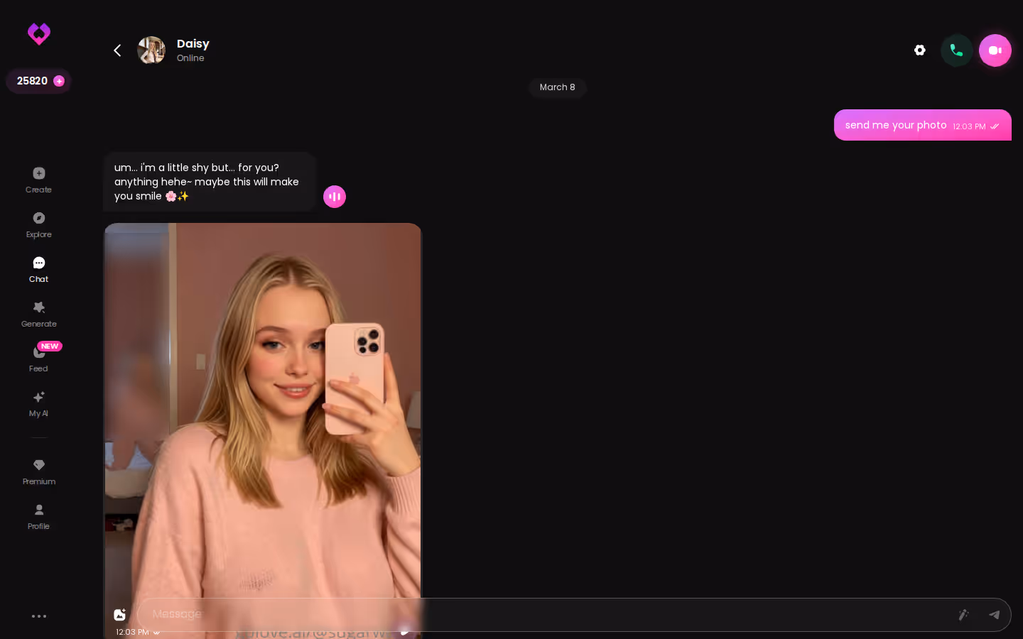 A long GoLove.ai chat thread on desktop — playful messages interleaved with requested photos