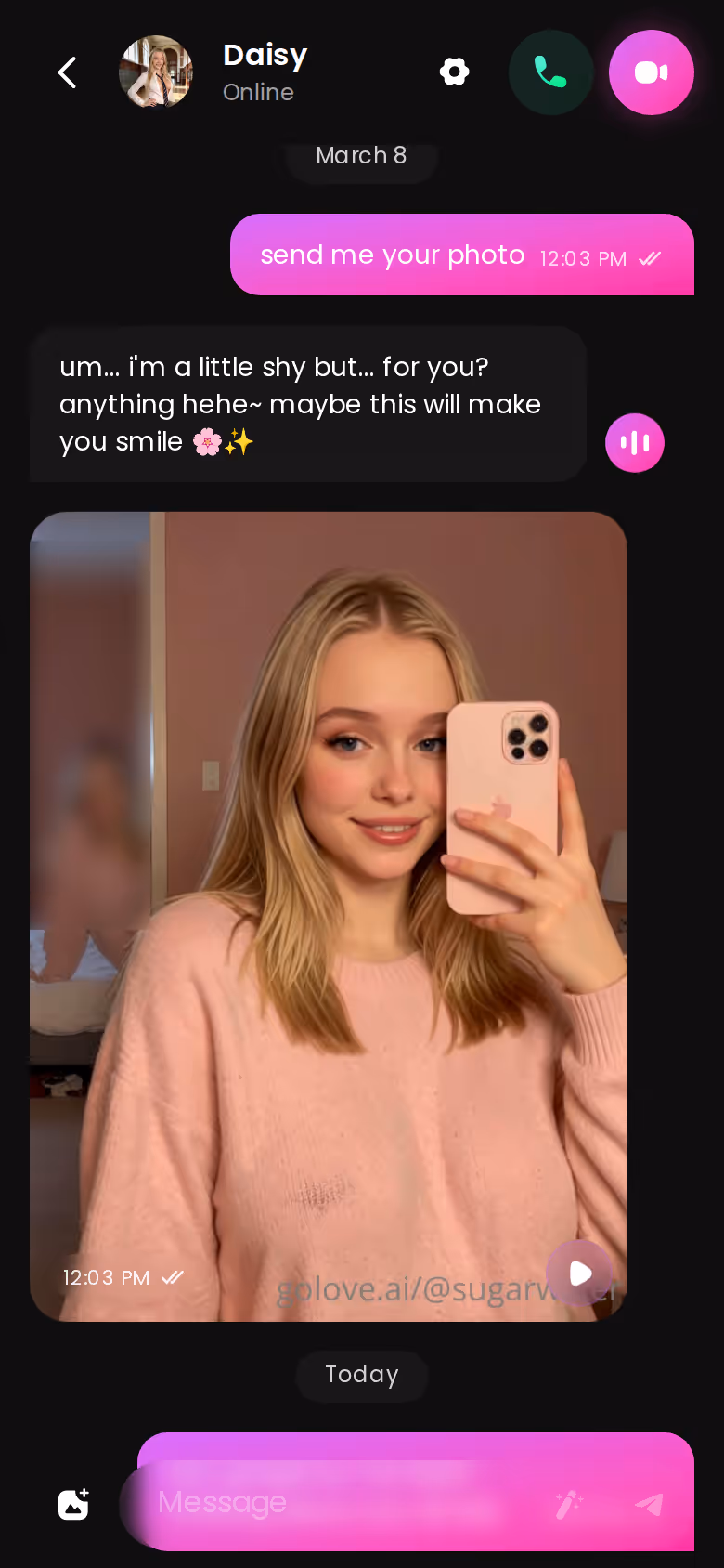 GoLove.ai chat thread on mobile with a realistic character replying in a consistent tone