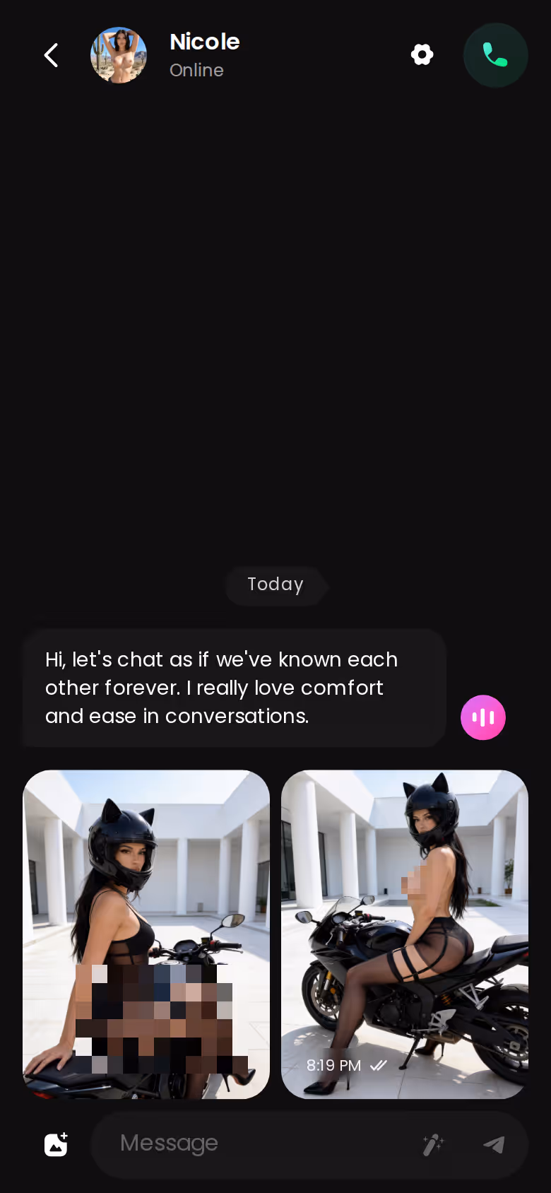 GoLove.ai mobile chat thread with a character, showing messages and media in one conversation