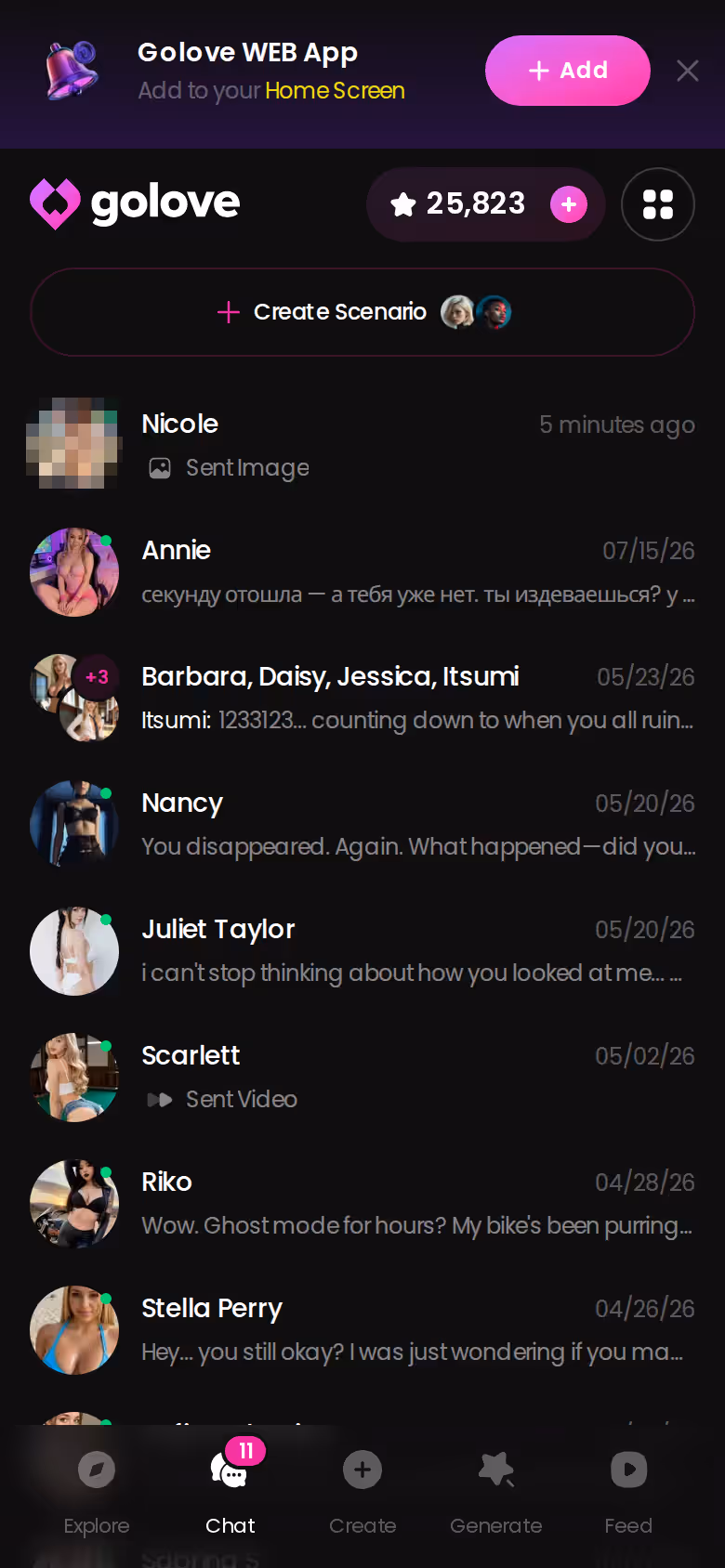 GoLove.ai chats list on mobile with last-message previews for each character