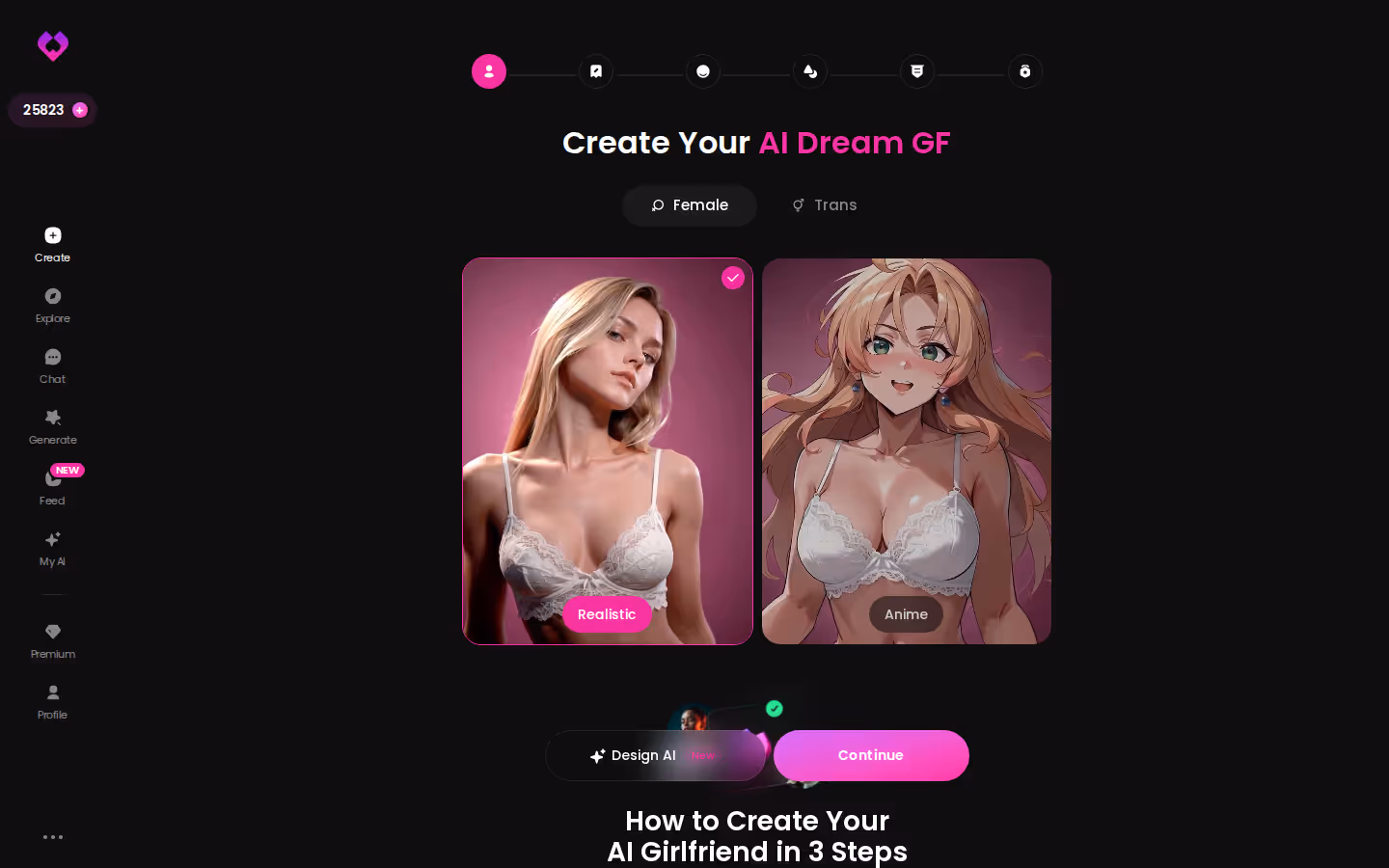 GoLove.ai Create wizard start screen on desktop with Female/Trans toggle, Realistic vs Anime and Design with AI