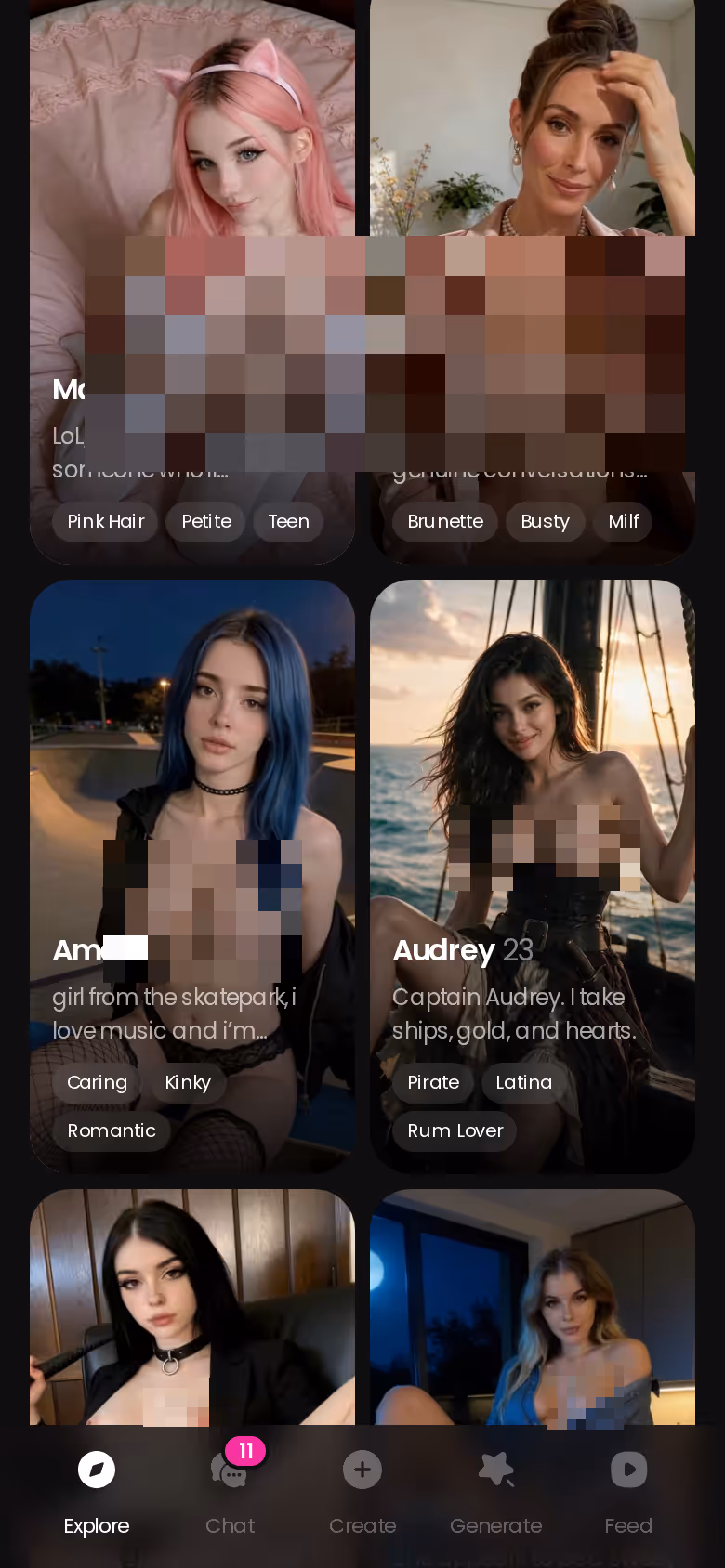 GoLove.ai Explore screen on mobile showing realistic AI dating sim characters to pick from