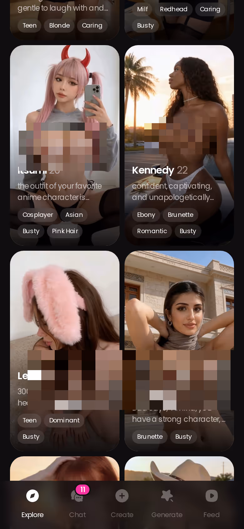 GoLove.ai realistic character roster on mobile — tap a card, start chatting