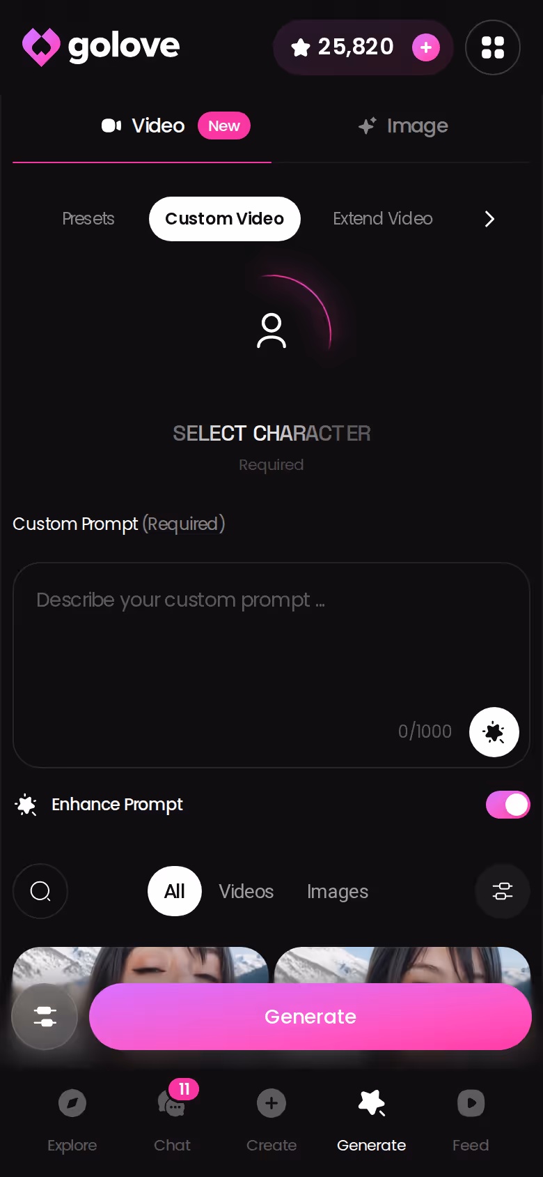 GoLove.ai Custom Video prompt and settings on a mobile screen